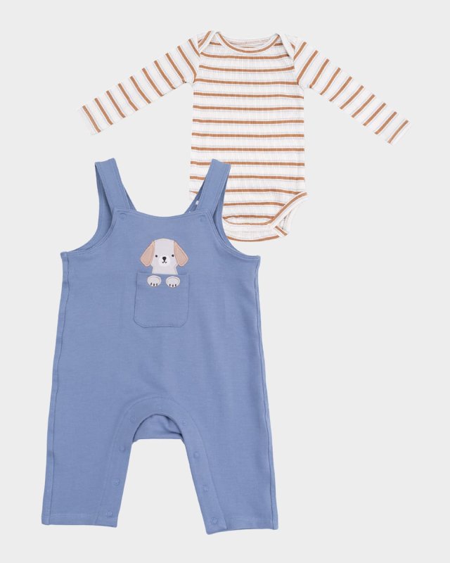Boy's Best Friend Dog Embroidered Overalls & Bodysuit Set, Size 3M-24
